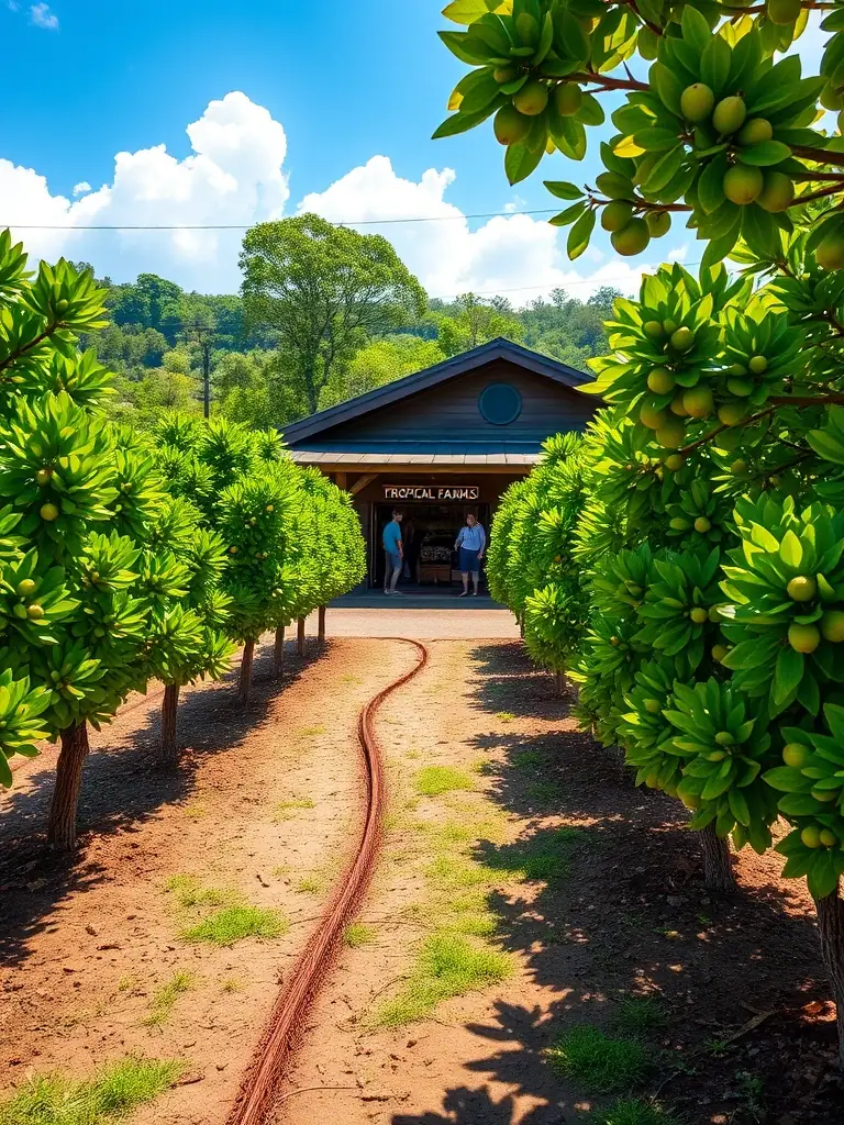 A captivating image of Tropical Farms Macadamia Nut Farm, showcasing rows of macadamia nut trees, the farm's charming store, and visitors enjoying samples, highlighting Oahu's agricultural richness.