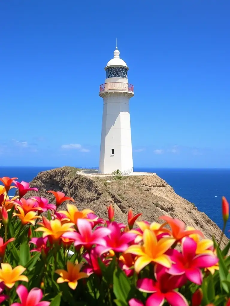 A vibrant photo of Diamond Head Lighthouse, showcasing its iconic structure against the backdrop of the Pacific Ocean and clear blue skies, capturing the essence of a must-see Oahu landmark.