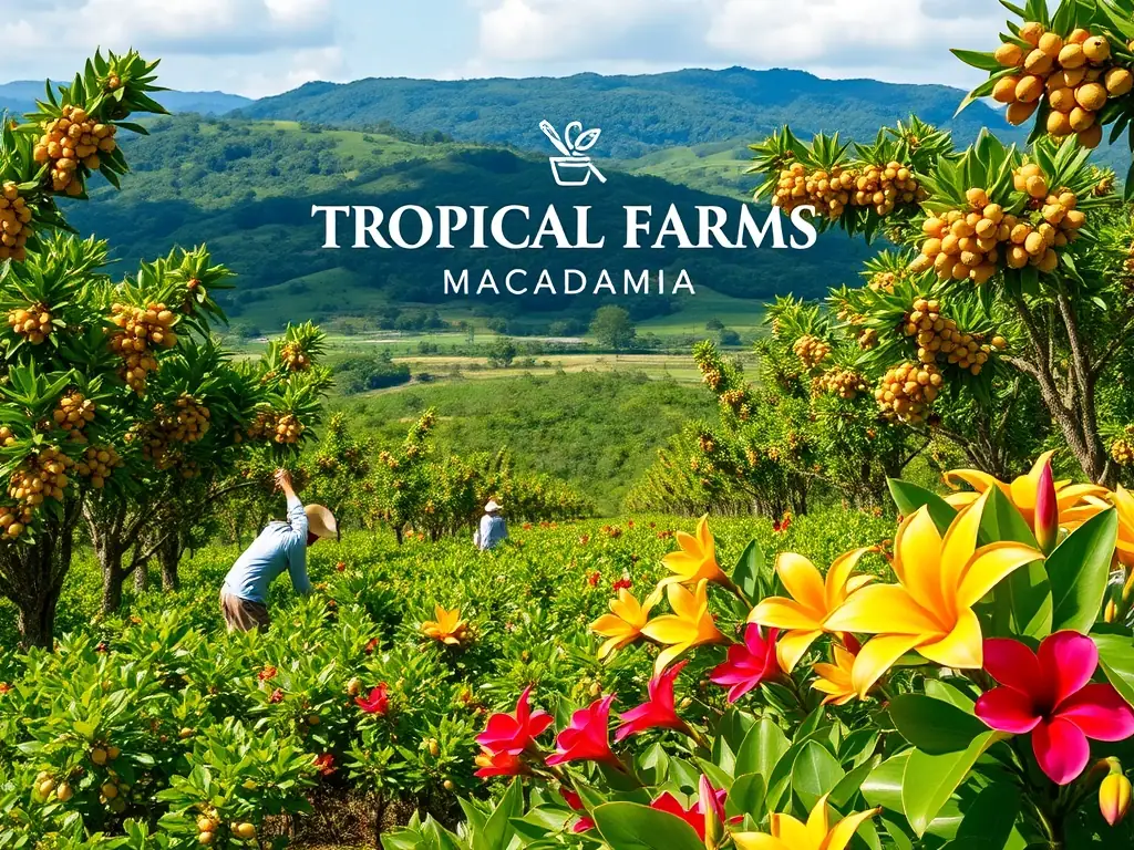 A stunning image of Tropical Farms Macadamia, showcasing its lush greenery and the process of harvesting macadamia nuts, emphasizing its cultural and agricultural importance.