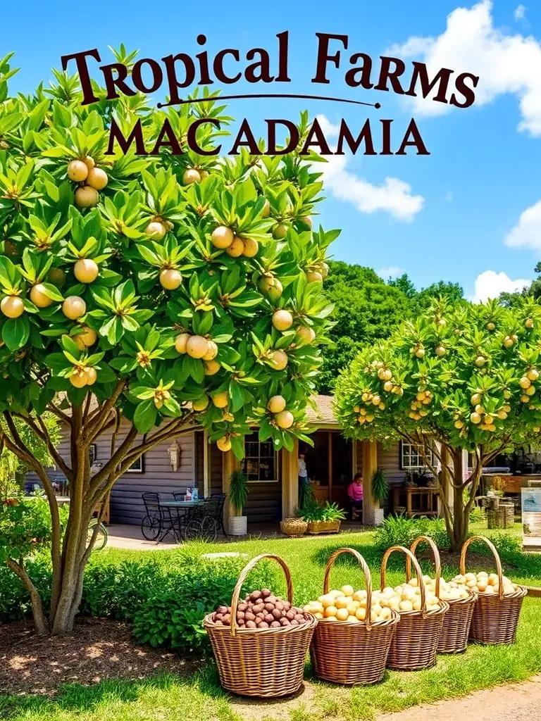 An inviting photo of Tropical Farms Macadamia, displaying the lush greenery, macadamia nut trees, and the charming farm store, highlighting the opportunity to taste local flavors.