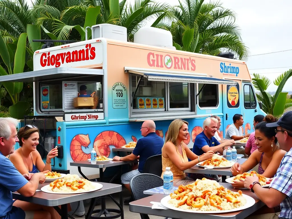 A vibrant image of Giovanni's Shrimp Truck with people enjoying their meals, representing a culinary stop on the full-day tour.