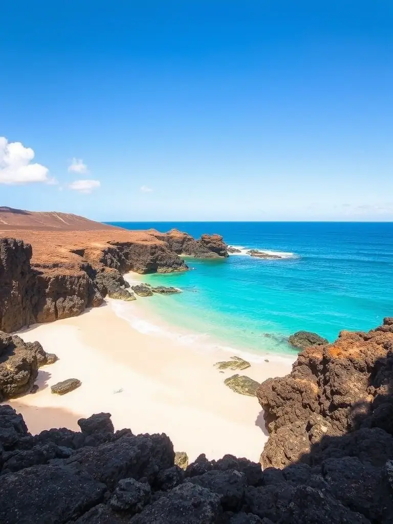 A picturesque shot of Halona Beach Cove, highlighting its secluded sandy beach, turquoise waters, and the surrounding volcanic rock formations, emphasizing its romantic and cinematic appeal.