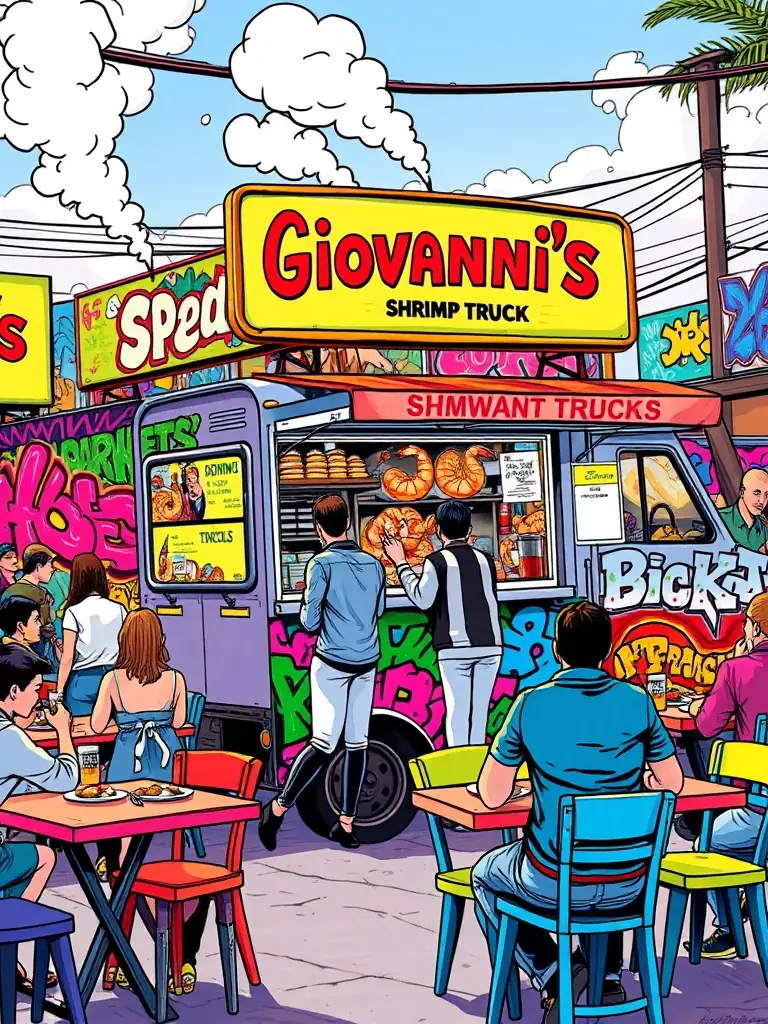 An enticing image of Giovanni's Shrimp Truck, capturing the colorful graffiti art, the bustling atmosphere, and the delicious-looking shrimp plates, showcasing Oahu's unique culinary scene.