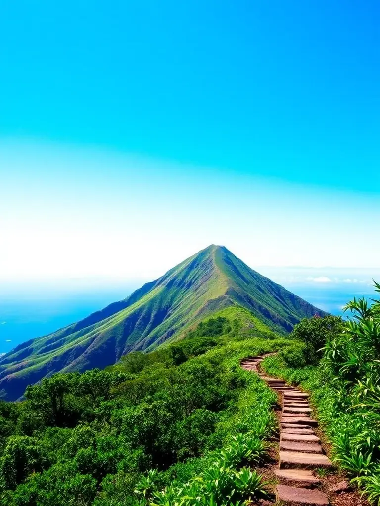 A vibrant image of Diamond Head Crater, showcasing its iconic silhouette against a clear blue sky, capturing the essence of Oahu's natural beauty and hiking appeal.