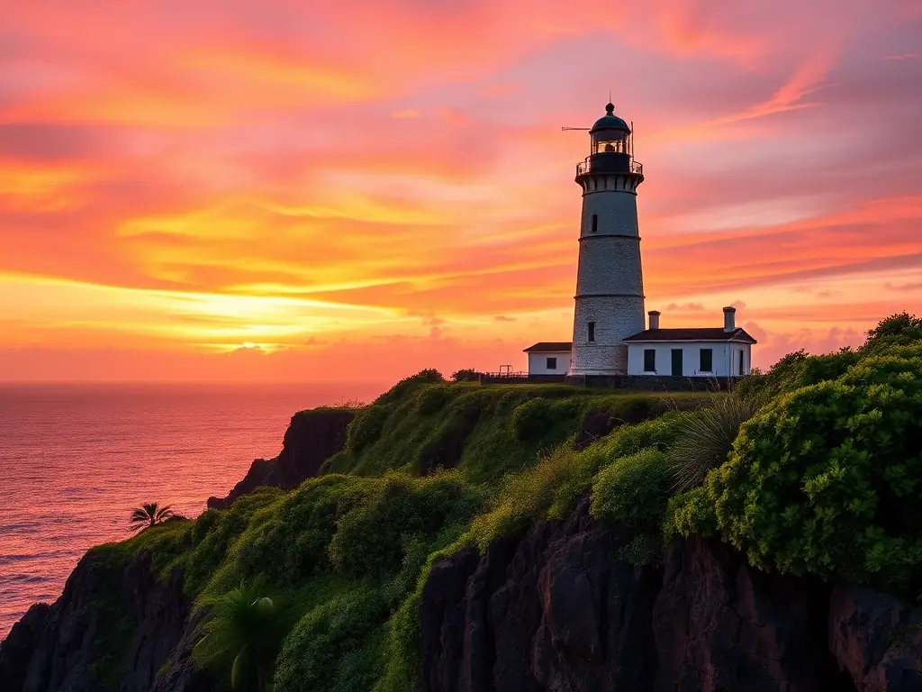 A scenic view of Diamond Head Lighthouse at sunset, capturing its historical significance and natural beauty, perfect for illustrating a key destination on Heart & Luxe Oahu Tours.