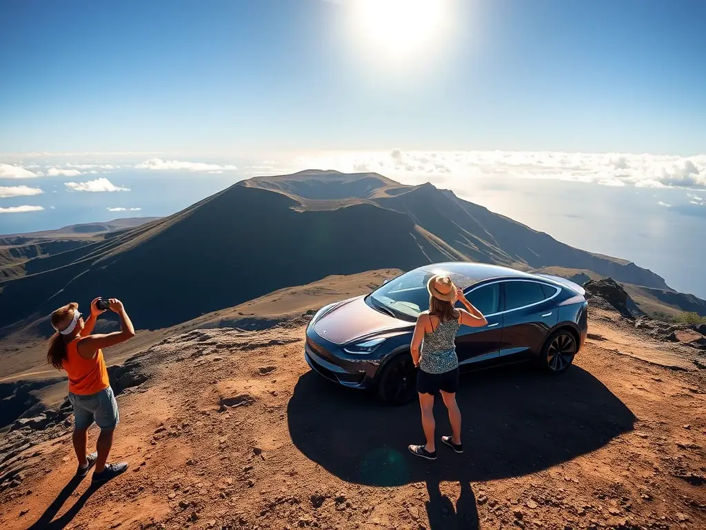 A scenic view of Diamond Head Crater with a Tesla Model Y parked nearby, showcasing the start of a half-day tour.