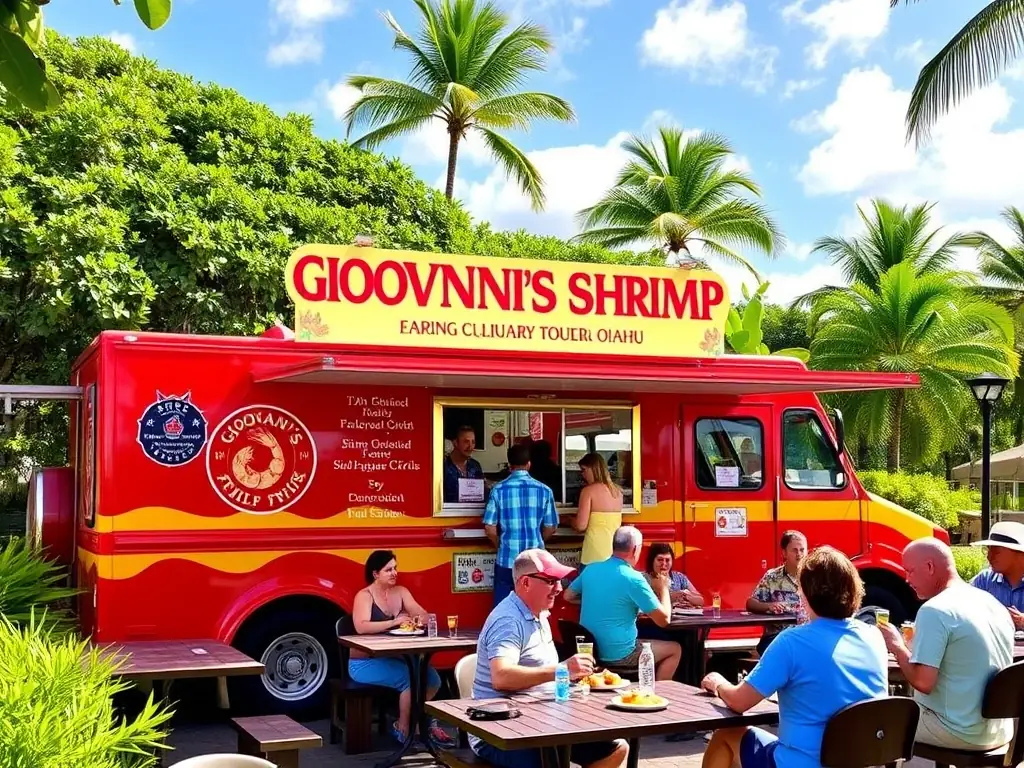 Giovanni's Shrimp Truck with a Tesla Model Y parked nearby, highlighting the culinary experience included in the tour.