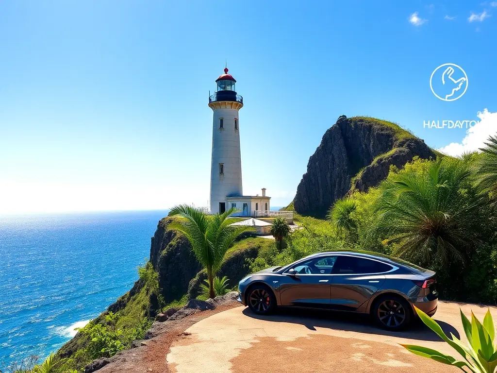 A scenic view of Diamond Head Lighthouse in Oahu, with a Heart & Luxe Oahu Tours Tesla Model Y parked nearby, suggesting a stop on a half-day tour.